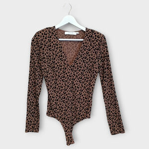 ASTR The Label Women's Small Brown Black Leopard Animal Semi Sheer Mesh Bodysuit